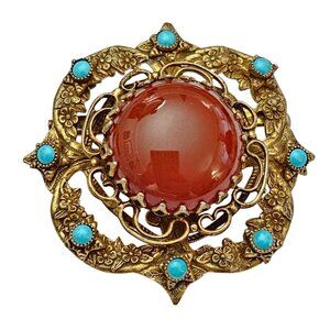 Sandor Cornelian Glass Cab, Turquoise Rhinestone Filigree Nouveau Style Pin C919